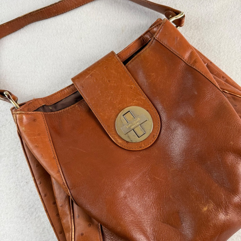 Kate Spade New York Cognac Leather Ostrich Embossed Hobo Shoulder Bag Brown - Picture 5 of 10
